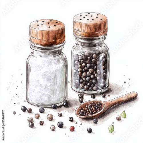 Watercolor salt and pepper shakers with wooden lids and spoon