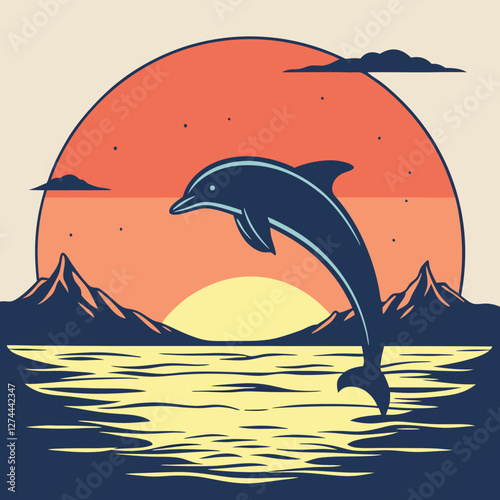 Retro Sunset Dolphin Jumping Over Ocean Illustration