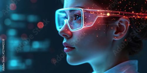 Wallpaper Mural Illustration of woman wearing futuristic tech augmented reality glasses. Digital art close-up represents human-machine interface, cyber environment. Concept of digital innovation, virtual Torontodigital.ca