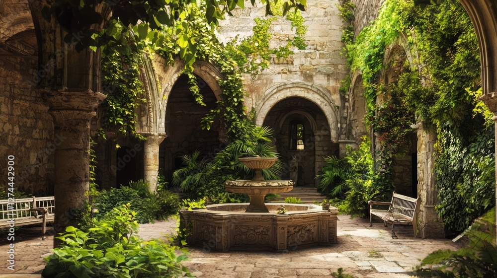 Fototapeta premium Serene Medieval Stone Courtyard Surrounded by Lush Greenery