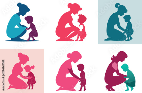 Heartwarming Silhouette of a Mother Hugging Her Child – Family Love and Parenting Theme Vector bundle set