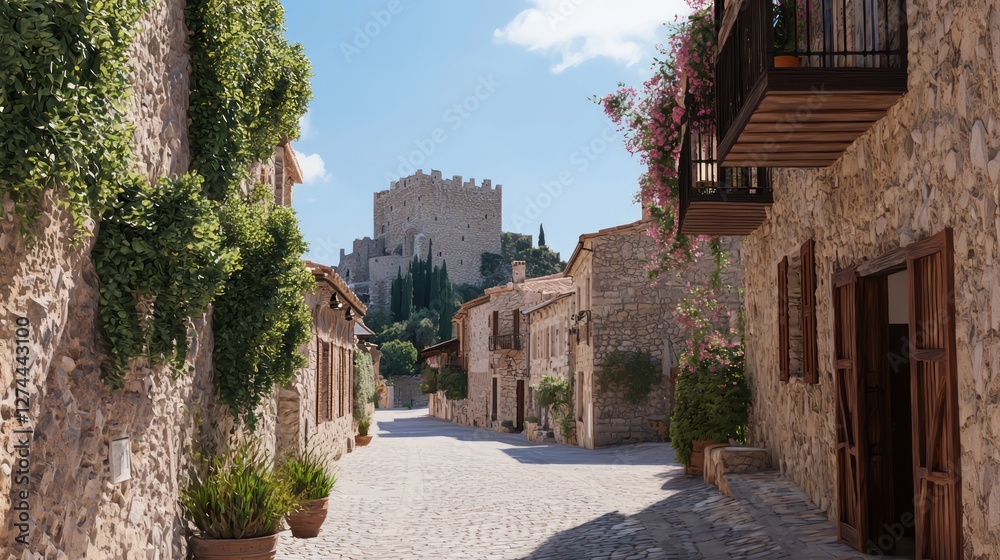 Fototapeta premium Charming Medieval Village Street with Cobblestone Pathway