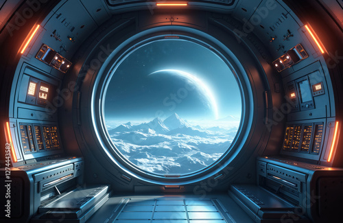 Fototapeta Naklejka Na Ścianę i Meble -  Bright spaceship interior with planet view. Sci-fi space station inside with control panel, screens, equipment. Spacecraft cabin with futuristic tech. Generative AI illustration with cosmic,