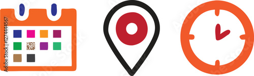 Calendar, location, and clock icons time & navigation vector set illustration, time, address, and date icon vector in flat style. clock, pin map location, and calendar