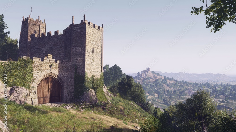 Medieval Castle Perched on Hill Surrounded by Lush Green Landscape Medieval Castle Perched on Hill Surrounded by Lush Green Landscape
