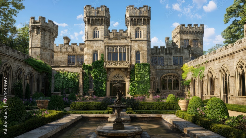 Majestic Medieval Castle Surrounded by Lush Gardens Majestic Medieval Castle Surrounded by Lush Gardens