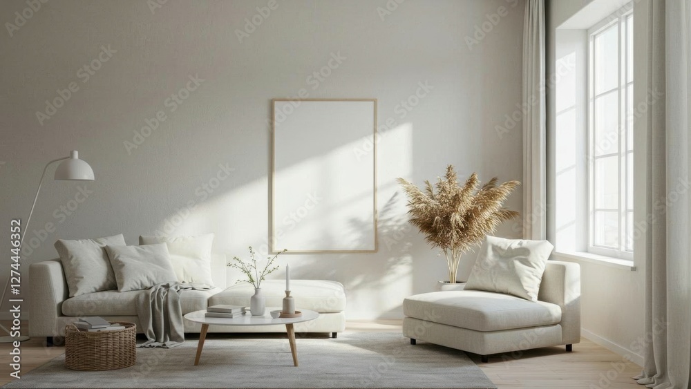 Fototapeta premium A cozy minimalist living room filled with natural light and soft decor.