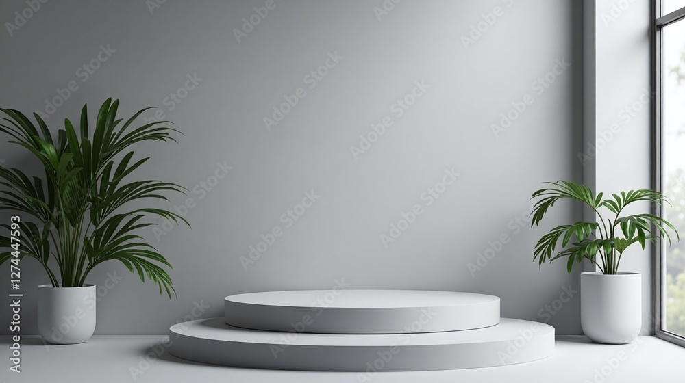 Minimalist setting with two plants, a blank wall, and a white pedestal. Minimalist setting with two plants, a blank wall, and a white pedestal.