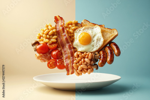 A captivating levitation shot captures an English breakfast with key elements like bacon and eggs. The dynamic composition of floating ingredients creates an appetizing visual spectacle.