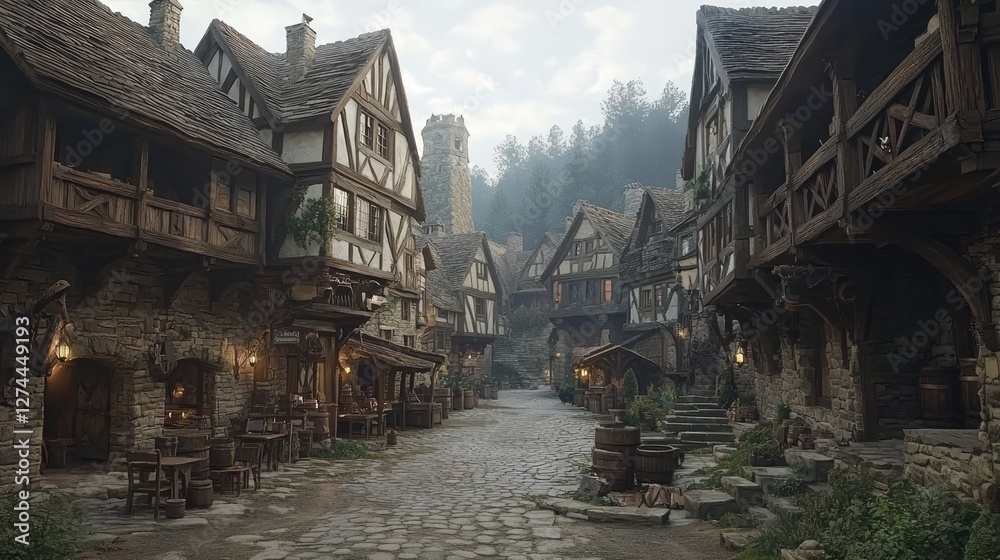 Fototapeta premium Charming Medieval Town Square with Cobblestone Path and Historic Buildings
