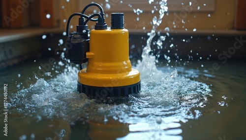 Sump pump removes water from flooded area, basement. Yellow water pump evacuates liquid, prevents damage from water. Plumbing equipment for home drainage and flood control system.
