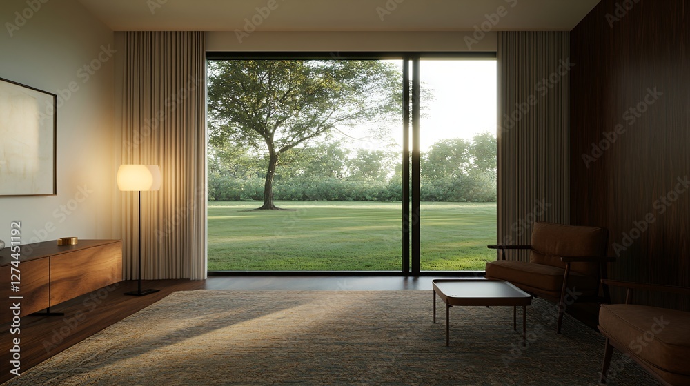 Fototapeta premium Modern minimalist living room interior with panoramic window overlooking green lawn and tree at sunset. Natural lighting, real estate staging, luxury home design concept
