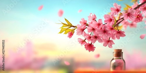 cherry blossoms falling in spring breeze with soft pastel look