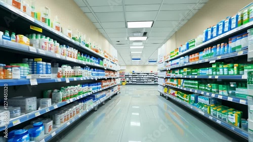 A detailed view of a pharmacy aisle showcasing numerous shelves filled with health and beauty products. The bright lighting emphasizes the diverse selection of items for customers.