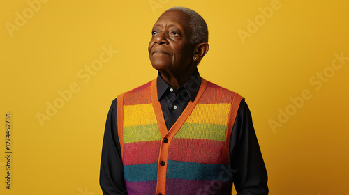 portrait of a Black non-binary elder in a fitted rainbow sweater vest over a dark dress shirt, set against a rich gold background, perfect for Pride promotions, LGBTQ+ 