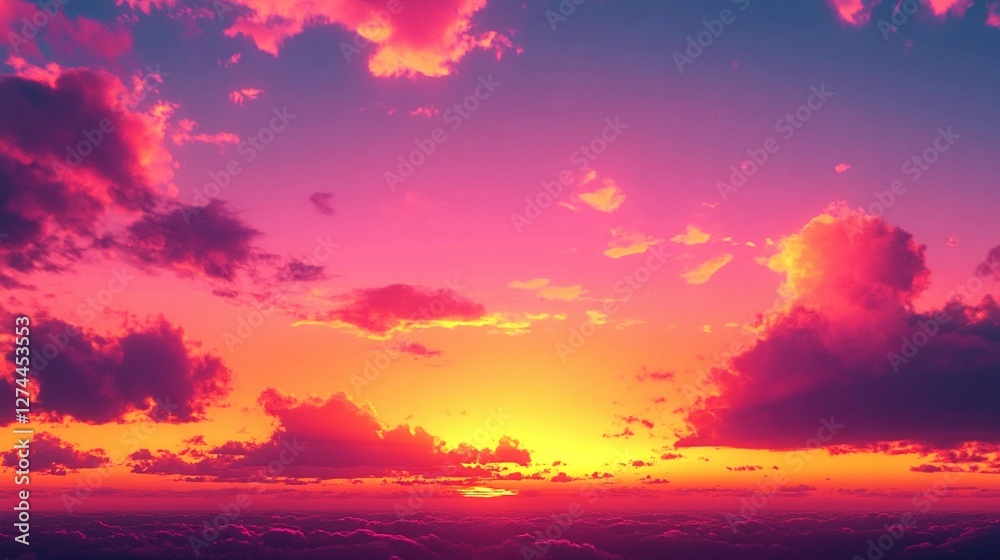 Vibrant sunset over clouds creating a breathtaking sky illuminated by shades of orange, pink, and purple at twilight Vibrant sunset over clouds creating a breathtaking sky illuminated by shades of orange, pink, and purple at twilight