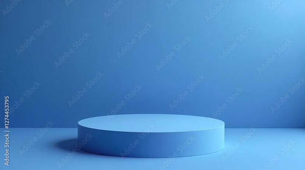 A minimalist, solid blue scene with a prominent circular pedestal. A minimalist, solid blue scene with a prominent circular pedestal.