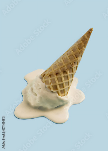 Ice cream cone. Realistic 3D ice cream with waffle cone and decorative sprinkles on pastel background. Bokeh effect shooting. 