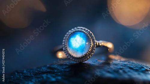 Stunning Blue Moonstone Ring on Dark Rock: A Captivating Jewel Photography