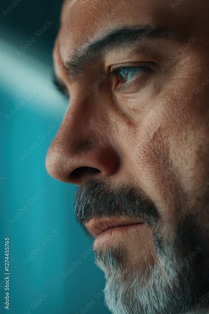 Fototapeta premium A man with a beard and glasses looking at the camera. The man has a serious expression on his face