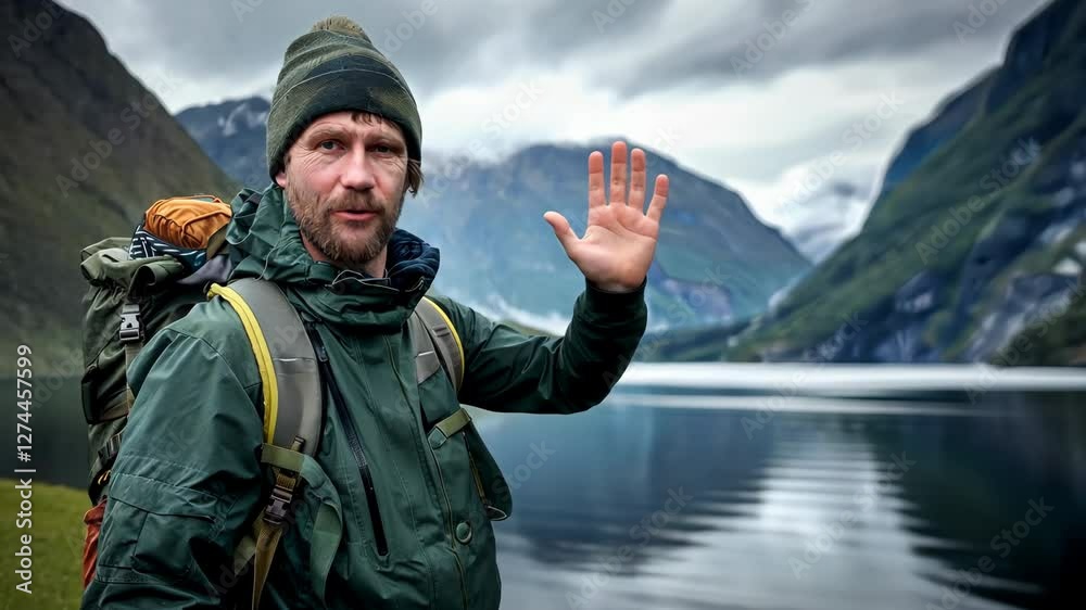A man with a tourist backpack waves his hand against the backdrop of the sea bay and fjord. A man with a tourist backpack waves his hand against the backdrop of the sea bay and fjord.