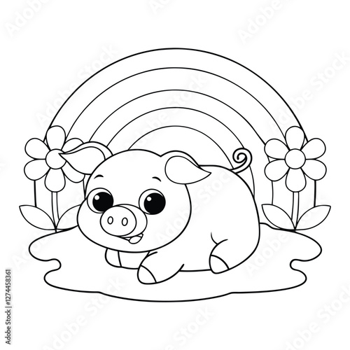 A happy piglet lying in a mud puddle with colorful flowers