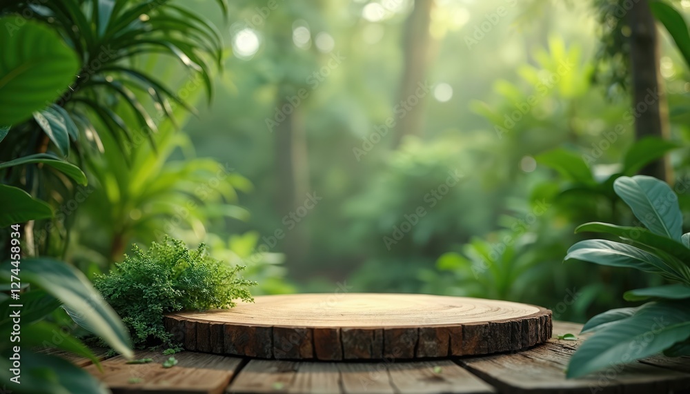 Wooden podium for product display stands in nature tropical forest garden. Wood pedestal surrounded by green plants, grass, leaves for organic product advertising, presentation. Summer sunny scene Wooden podium for product display stands in nature tropical forest garden. Wood pedestal surrounded by green plants, grass, leaves for organic product advertising, presentation. Summer sunny scene