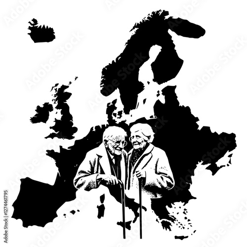Map of europe with two old seniors , showing demographic trends 