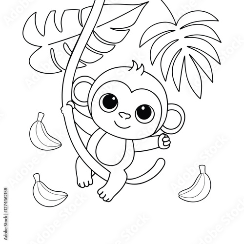 A playful monkey swinging from a vine, with bananas and tropical leaves around it