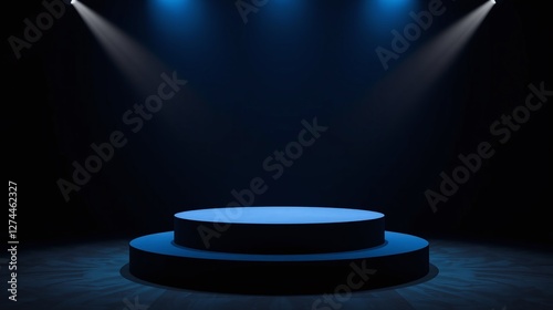 The image showcases a minimalist, darkened scenario with a blue illumination.