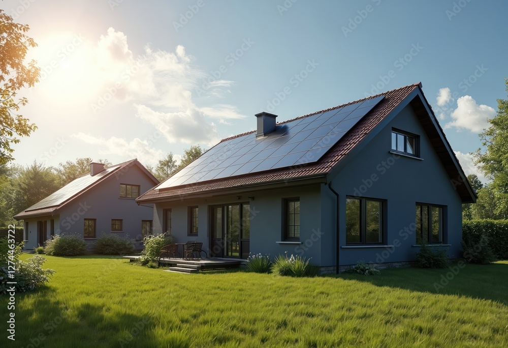 Newly constructed homes with dark solar panels on roof under bright sky. Residential houses with photovoltaic system for clean energy. Sustainable housing development with green eco power generation Newly constructed homes with dark solar panels on roof under bright sky. Residential houses with photovoltaic system for clean energy. Sustainable housing development with green eco power generation