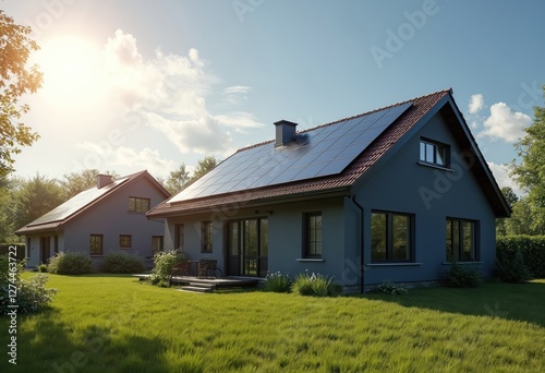 Wallpaper Mural Newly constructed homes with dark solar panels on roof under bright sky. Residential houses with photovoltaic system for clean energy. Sustainable housing development with green eco power generation Torontodigital.ca