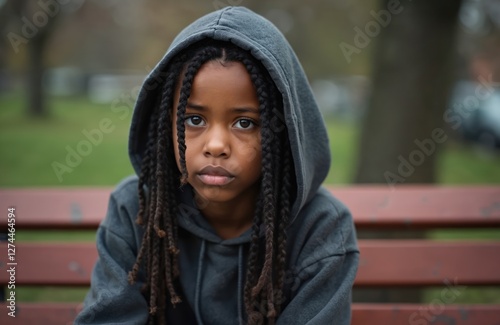 Sad young african american teen girl sitting alone on bench in hoodie on street. Juvenile delinquent with mental health trouble. Lonely teenager with braids feels depressed in urban park.