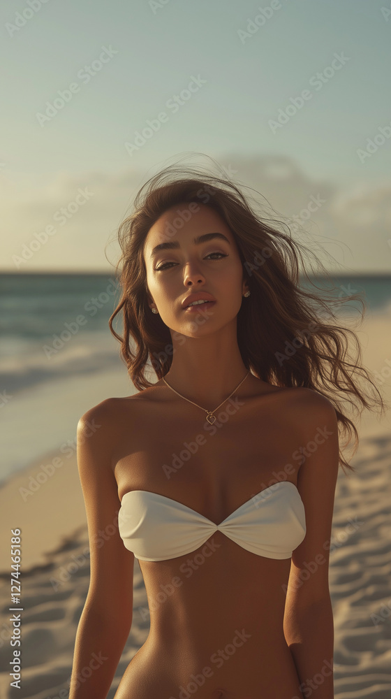Eine Frau in einem weißen Bikini steht am Strand bei Sonnenuntergang. Das warme Licht und die sanften Wellen im Hintergrund schaffen eine entspannte, sommerliche Atmosphäre Eine Frau in einem weißen Bikini steht am Strand bei Sonnenuntergang. Das warme Licht und die sanften Wellen im Hintergrund schaffen eine entspannte, sommerliche Atmosphäre