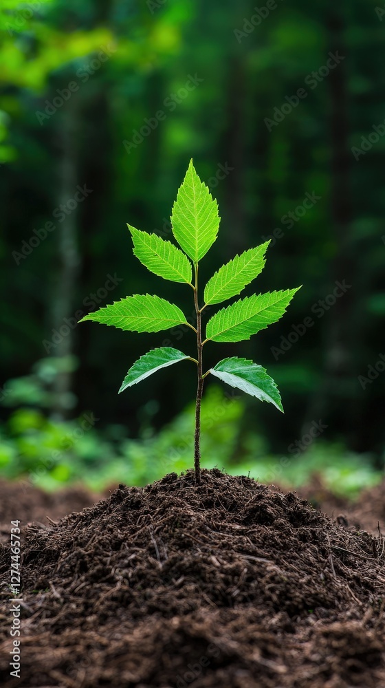 Closeup view of a small green plant growing in rich dark soil, representing natures resilience