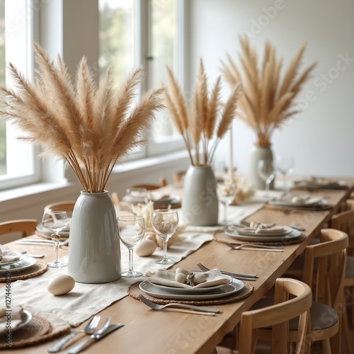 Modern home table setting photo with dried flower arrangements. Table is decorated with bouquet, cup, decor, glasses, setting, plate. Festive easter dinner celebration design in dining room. photo