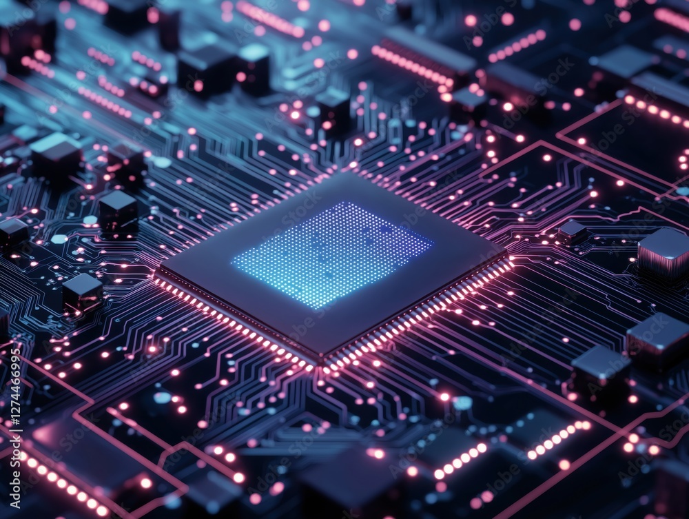 Close-up of a modern microchip on a circuit board with vibrant colors. Close-up of a modern microchip on a circuit board with vibrant colors.