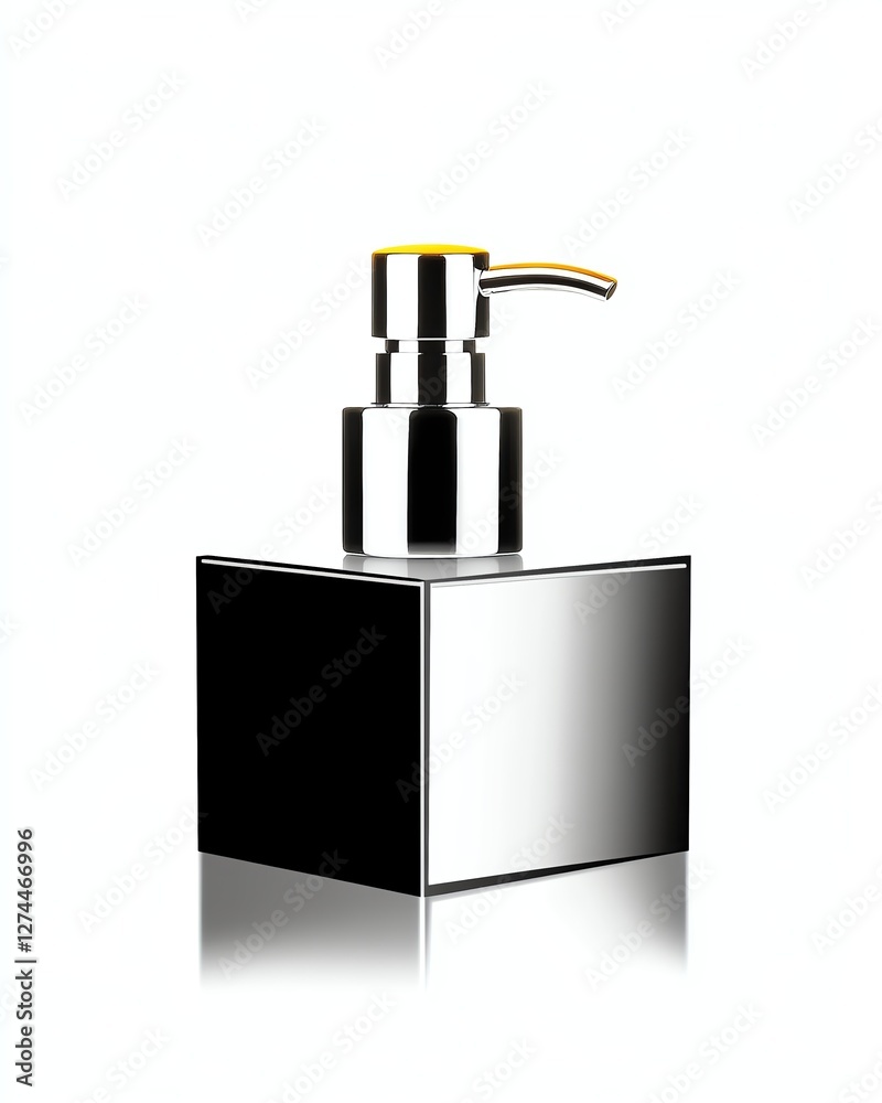 Fototapeta premium Modern skincare mockup featuring a sleek airless pump bottle positioned atop a mirror cube, creating striking abstract reflections for Futuristic Beauty Advertising