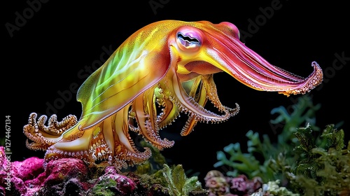 A cuttlefish shifting colors in an instant, mesmerizing chromatophores in action, ultra high resolution macro shot, cinematic lighting