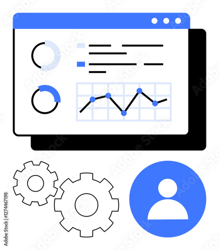 Interactive dashboard with pie charts, line graph, gears, and user profile icon representing data analysis, settings, and user management. Ideal for business, finance, tech operations marketing