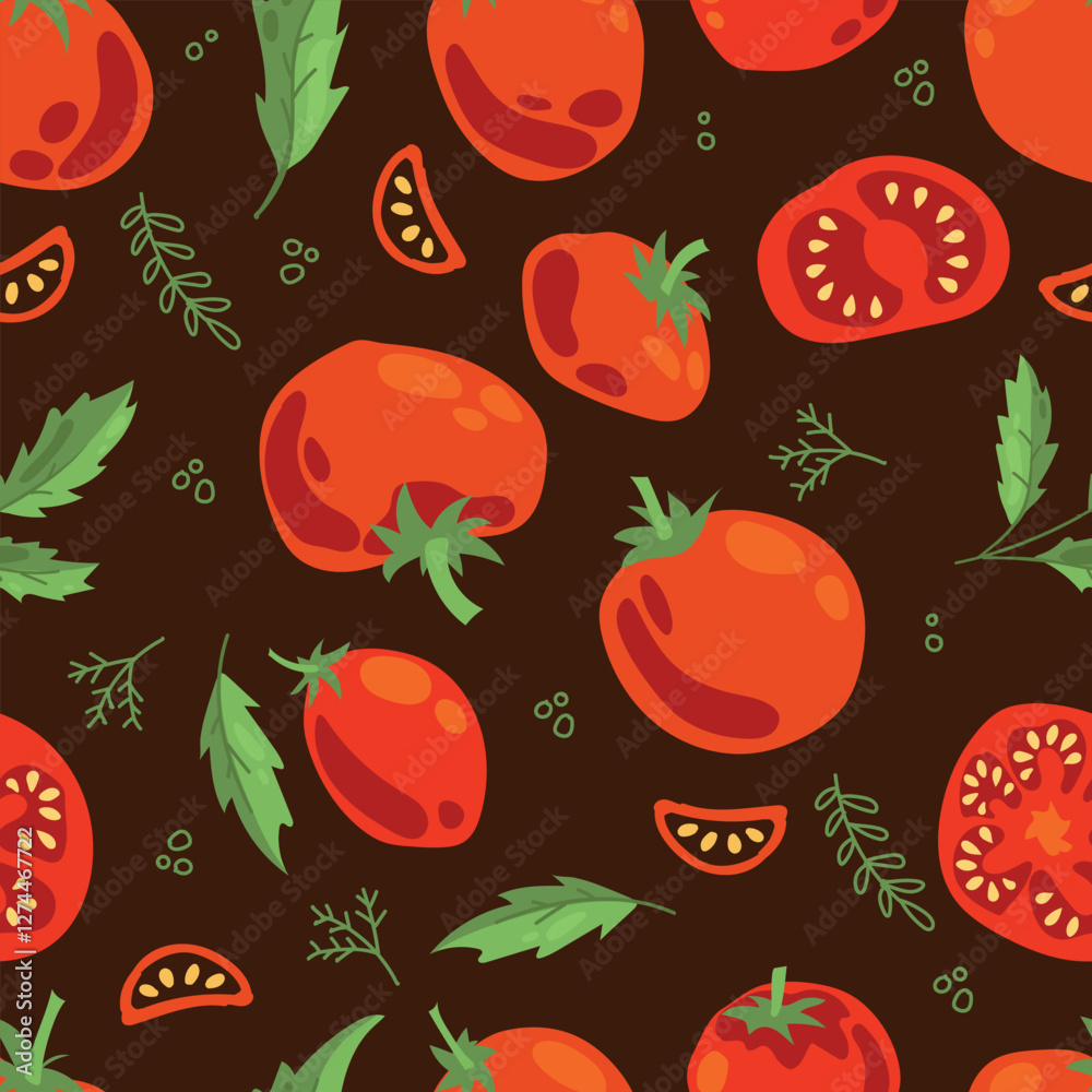 Seamless pattern of ripe tomatoes. Vegetables. Red tomatoes. Juicy Harvest. Healthy food. Vector illustration. Seamless pattern of ripe tomatoes. Vegetables. Red tomatoes. Juicy Harvest. Healthy food. Vector illustration.