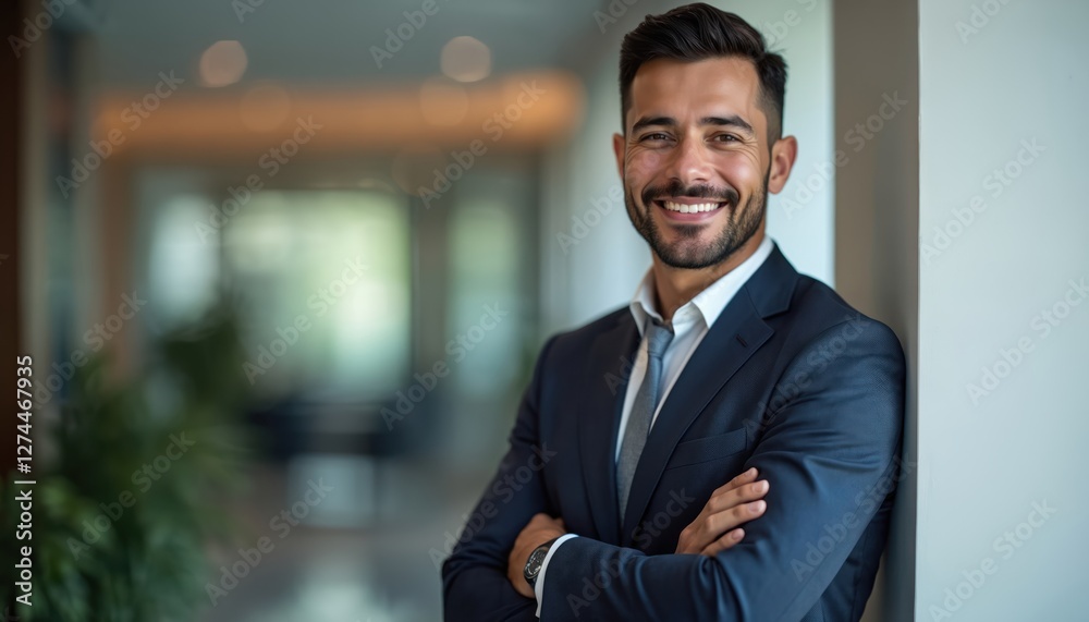 Fototapeta premium Smiling elegant Latino businessman looks at camera in office. Confident young leader in suit stands with arms crossed. Happy hispanic lawyer, company executive shows success and management skill.