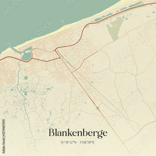 Vintage map of Blankenberge, Belgium.