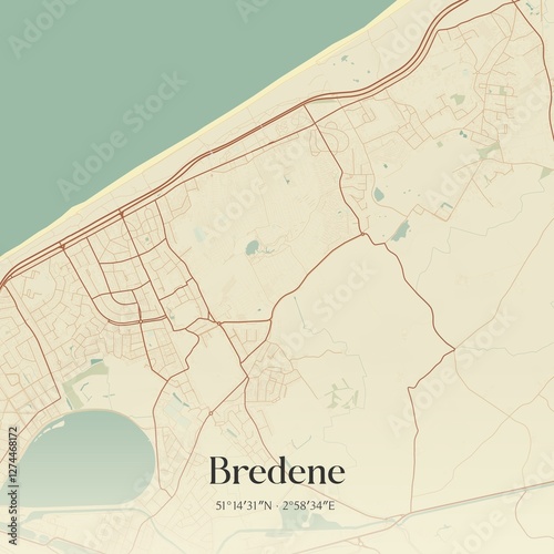 Vintage map of Bredene, Belgium.