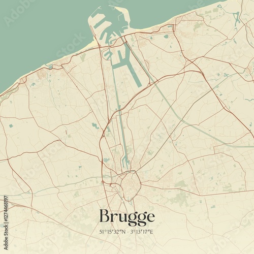 Vintage map of Brugge, Belgium.