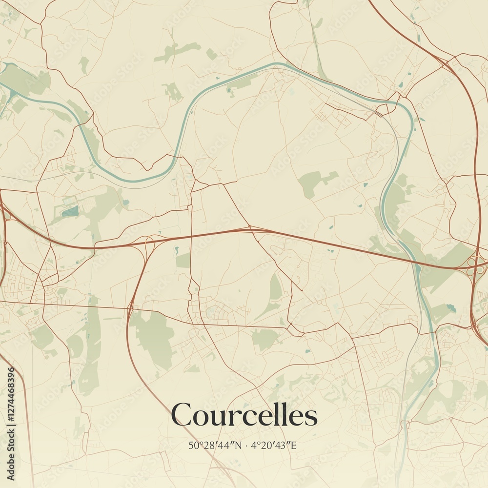 Vintage map of Courcelles, Belgium.