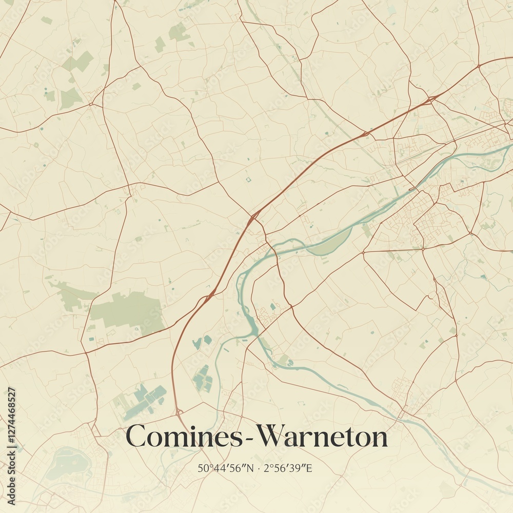 Vintage map of Comines-Warneton, Belgium.