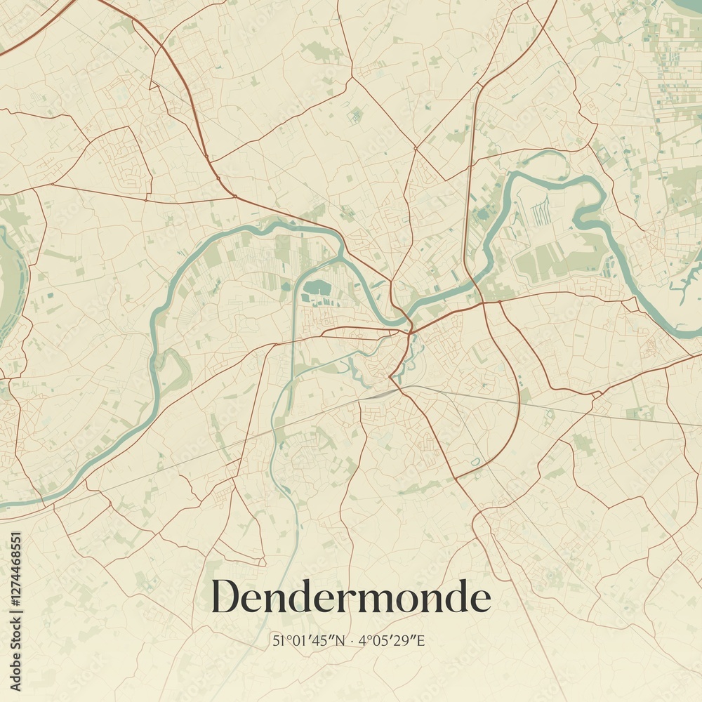 Vintage map of Dendermonde, Belgium.