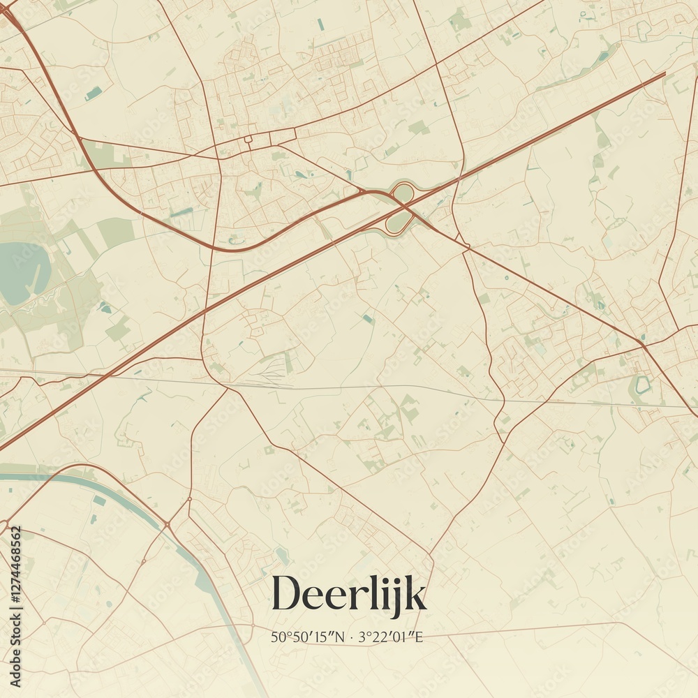 Vintage map of Deerlijk, Belgium.