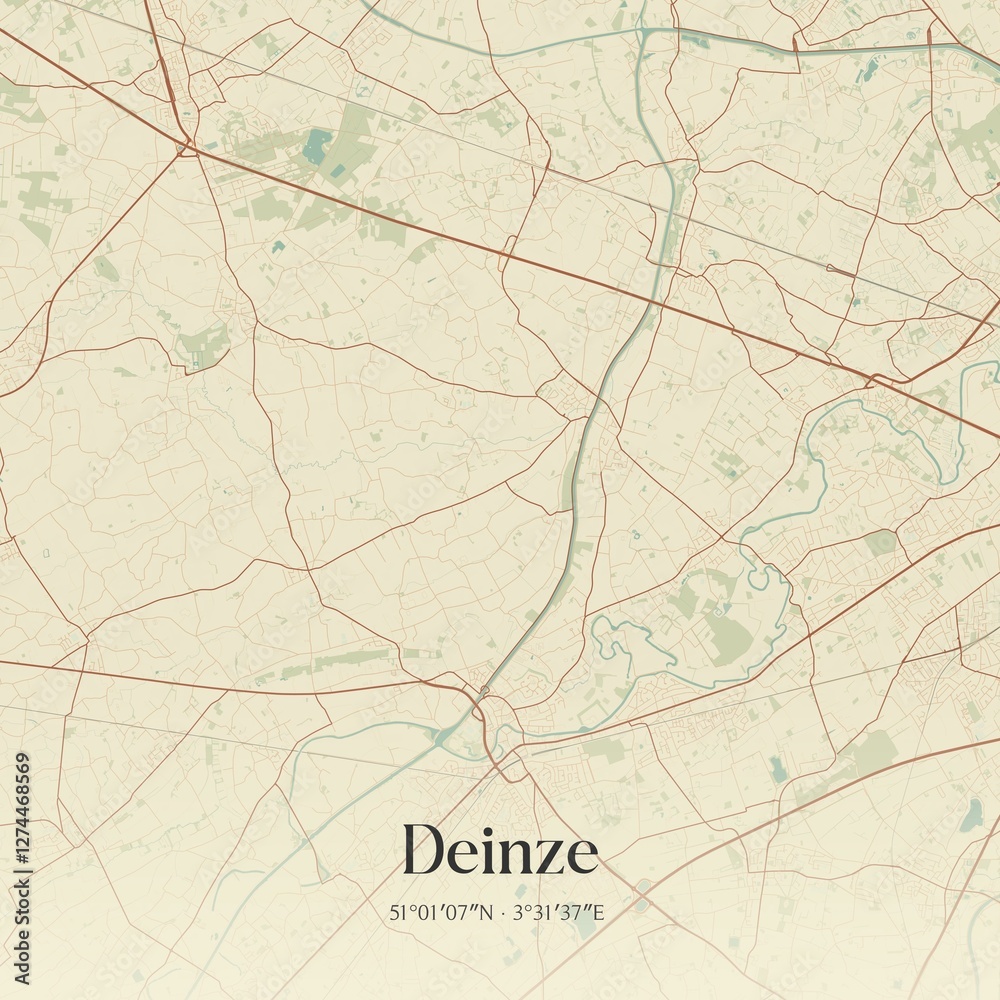 Vintage map of Deinze, Belgium.